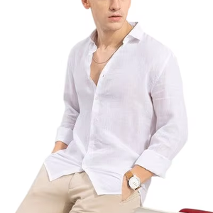 Chemise décontractée en lin écologique pour homme - Blanche d'été à manches longues, col rabattu, bouton unique, idéale pour les vacances - Product Image 1