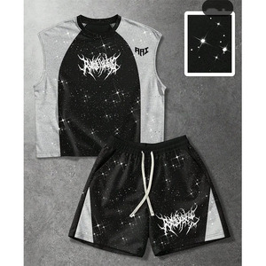 Ensemble de luxe imprimé strass sans manches, chemise et short, style gothique streetwear, tenue athlétique deux pièces, débardeur personnalisé OEM - Product Image 5