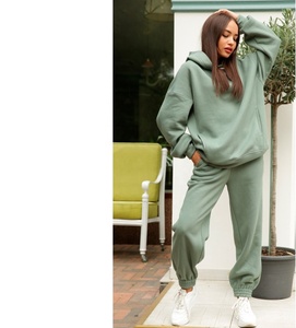 Top quality women 80% cotton 20% polyester fleece plain oversized hoodie & joggers trousers sweatsuits set - Product Image 3