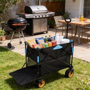 Carrello Pieghevole Grande Capacità con Prolunga Extra Lunga per Giardino, Shopping e Spiaggia in Nero e Blu per Campeggio - Product Image 1