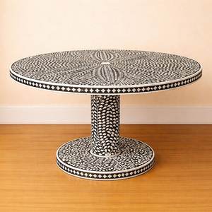 Table à manger ronde moderne en os incrusté de motifs floraux, faite à la main et écologique, pour baptême - Product Image 2