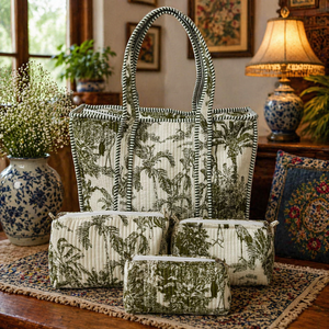 Green Botanical Print Quilted Cotton Handbag Tote Cosmetic Bag Set Women Travel Storage Organizer - Product Image 1