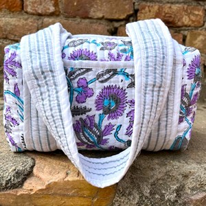 Large Bohemian Vintage Floral Quilted Cotton <b>Duffel</b> <b>Bag</b> with Striped Handles Portable Travel Weekend Shoulder <b>Bag</b> Casual Style - Product Image 5