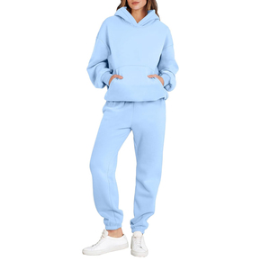 Conjunto Deportivo para Mujer, Sudadera con Capucha Azul Claro, Pantalones Deportivos, Corte Holgado Informal, Manga Larga, Color Sólido, Transpirable, de Algodón, para Otoño - Product Image 4