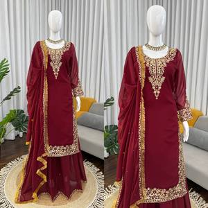 Ensemble Salwar Kameez en Faux Georgette Brodé Bourgogne avec Dupatta, Tenue de Fête et de Mariage pour Femmes, Inde, Pakistan - Product Image 5