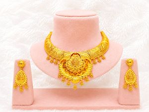 Ensemble collier et boucles d'oreilles en plaqué or 24 carats pour femmes, bijoux de mariage classiques, alliage A-63381 - Product Image 3