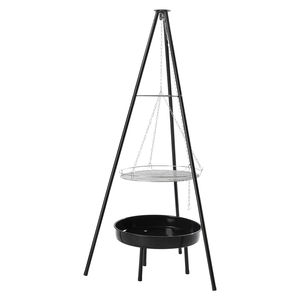 Griglia Portatile Nera a Treppiede per Falò, Griglia BBQ Pieghevole da Esterno con Braciere Regolabile in Altezza per Carbonella - Product Image 3