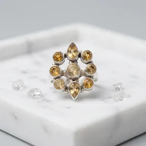 Élégante bague en argent sterling 925 avec grappe de pierres multicolores en citrine, bijou de cocktail fait main en pierres précieuses dorées pour femme - Product Image 4