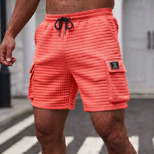 Shorts cargo en velours côtelé rouge pour homme, taille à cordon de serrage, poches avant avec logo, style décontracté, respirant, taille mi-haute - Product Image 5