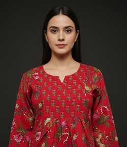 <b>Women</b> Wear <b>Red</b> Floral Printed Pure Cotton Kurti and Top Loose Fit Traditional Casual Wear India Style Daily Wear Top Kurtis - Product Image 5