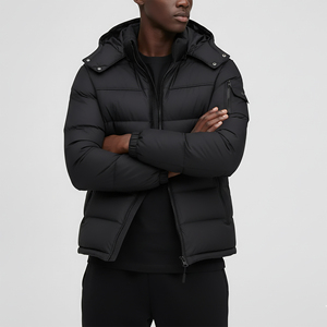 <b>Men's</b> Black Hooded Puffer <b>Jacket</b> Windproof Thick Winter Casual Zipper Closure Regular Fit Camouflage Pattern Cotton <b>Long</b> Worsted - Product Image 5