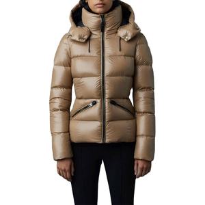 Veste d'hiver pour femme en duvet beige, à capuche, col montant, fermeture éclair, coupe-vent, style décontracté, coupe ajustée - Product Image 1