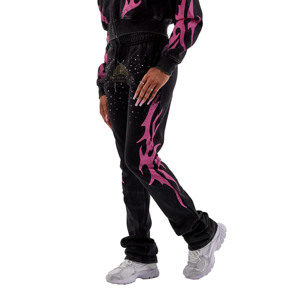 2026 Custom 350GSM Heavyweight French Terry Distressed Patch Rhinestone Streetwear Sweatpants <b>Stacked</b> Sweatpants For Girls - Product Image 1