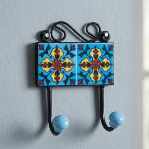 Crochet mural rétro en céramique motif floral bleu jaune rouge, 2 crochets, support en fonte fait main, écologique et réglable - Product Image 6