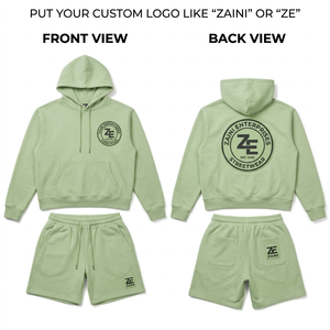 Conjunto de Sudadera con Capucha y Pantalones Cortos para Hombre, Premium, 340 GSM, Algodón y Poliéster, Felpa, Logotipo Personalizado con Serigrafía, Verde Salvia, Informal, Invierno, Transpirable - Product Image 1