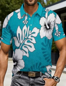 Men's Teal Floral Print for Shirt Short Sleeve Casual Breathable Jersey Knitted Digital Printed Cotton Design - Product Image 2
