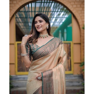 Modieuze Kanjivaram Zijden Zari-Toonwerk <span class=keywords><strong>Saree</strong></span> Met Ongestikt Blouse <span class=keywords><strong>Chikoo</strong></span>-Kledingstuk