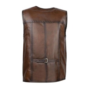 Gilet en cuir véritable pour homme, col en V, décontracté, à simple boutonnage, pour l'automne, couleur unie, sans manches - Product Image 3