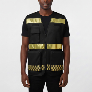 Gilet de sécurité personnalisé avec logo, en maille, haute qualité, certifié, imperméable, avec LED clignotante, multi-poches, couleur noire unie, réfléchissant, antistatique - Product Image 1