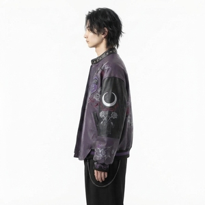 Men's <b>Gothic</b> Cowhide Leather Streetwear Bomber <b>Jacket</b> Hand Embroidery Geometric Pattern Zipper Closure Stand Collar Winter Style - Product Image 4