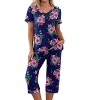 Ensemble de pyjama pour femmes, imprimé cœur bleu, col court, manches courtes, tricoté, 100% coton, respirant, doux, décontracté, automne/printemps, longueur intégrale