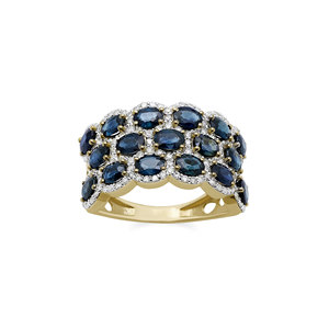 Bague en or jaune 14 carats avec saphir bleu naturel et grappe de diamants pour femme |   Bijoux fins de coupe ovale, vente en gros, OEM, ODM - Product Image 1