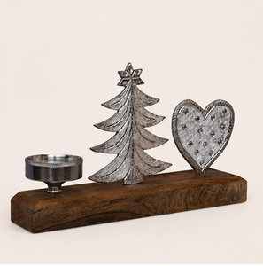 Handcrafted Metal Christmas <b>Tree</b> And Embossed Heart Tea <b>Light</b> Holder Solid Mango Wood Base Modern Rustic Holiday Table Centertop - Product Image 2