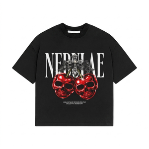 Oversize cotton t shirt black graphic print skull cherry screen print custom logo 100% cotton T-shirt for men loose fit printed - Product Image 1