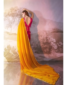 Sari KV de Georgette Rosa con Bloques de Color y Blusa sin Coser - Product Image 5