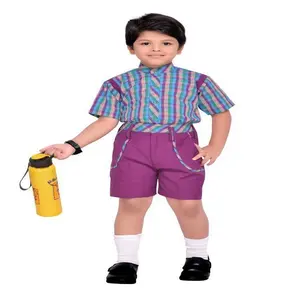 夏季新款学生校服套装，定制标志紫色衬衫短裤男童连衣裙套装