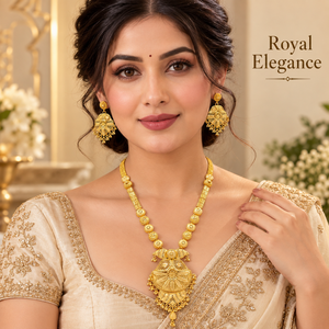 Parure de collier long en laiton et cuivre antique, avec pendentif éventail et boucles d'oreilles, finition or 24K, bijoux de mariage indiens pour femmes - Product Image 4