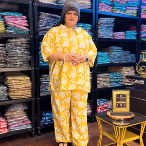 ชุดเซ็ตผ้าฝ้ายแท้พิมพ์ลายสำหรับสุภาพสตรีทำงาน |   เสื้อคลุมเหนือเข่าและกางเกง |   ไซส์ S-10XL - Product Image 1