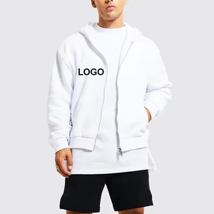<b>Mens</b> White Oversized <b>Zip</b>-Up <b>Hoodie</b> Solid Color Casual Hooded Sweatshirt Front Logo Breathable Cotton French Terry Autumn Wear - Product Image 1
