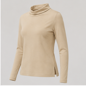 Camiseta de Manga Larga con Cuello Alto para Mujer, Color Beige Camel, Corte Ajustado, WTS-0054 - Product Image 4