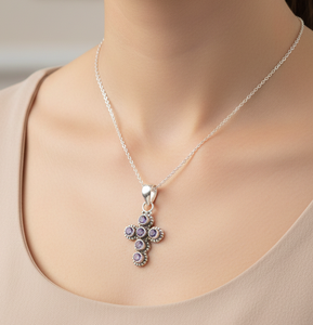 Colgante de cruz de plata de ley 925 con piedra preciosa de amatista morada, joyería religiosa vintage hecha a mano para mujeres y hombres, regalo de Navidad - Product Image 2