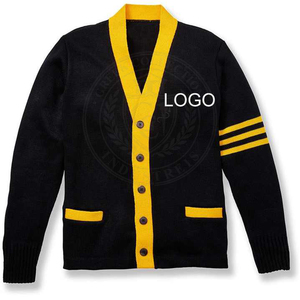 Cardigan en tricot pour femme, broderie de lettres grecques, col en V, manches longues, boutons contrastés, style classique, à porter toute l'année - Product Image 1