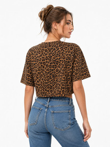 Camiseta Corta de Mujer con Estampado de Leopardo Marrón Personalizada, Corte Cuadrado, Manga Corta, Cuello Redondo, Top de Moda de Verano con Estampado Animal, OEM - Product Image 2