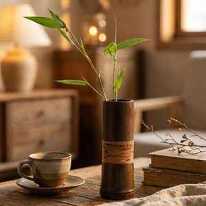 Vase de sol en bambou fait main, rustique, contemporain, pour mariage, support de fleurs hydroponiques, pot à stylos zen, minimaliste, en bois, pour salle de thé - Product Image 2