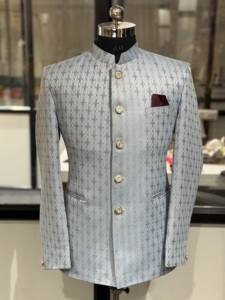 Veste de mariage haut de gamme pour homme, bleu ciel royal, style Prince, en jacquard premium, Blazer ethnique Bandhgala, tenue de réception de créateur - Product Image 6