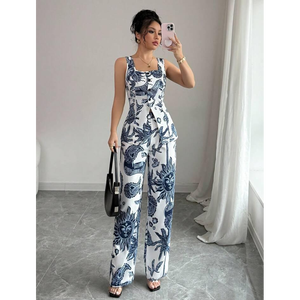 Womens Blue & White Printed Peplum Top with Wide Leg Pants Co ord <b>Set</b> - Product Image 6