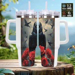 Vaso de acero inoxidable de 40 oz con diseño de cuervo y rosas, taza de viaje - Product Image 2