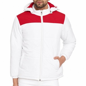 Chaqueta Acolchada con Capucha y Cuello Alto para Hombre, Blanca y Roja, Cierre de Cremallera, Resistente al Viento, Informal, para Invierno, Corte Regular, Logotipo Frontal - Product Image 1