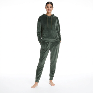 Conjunto Deportivo de Mujer en Terciopelo Verde Oscuro con Capucha, Manga Larga, Color Sólido, Corte Holgado, Pantalones de Invierno con Bolsillos Laterales - Product Image 2