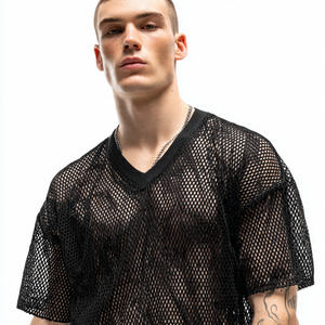 Haut en jersey maille filet pour homme, col en V, épaules tombantes, 100% polyester, coupe oversize, respirant, séchage rapide, 180g - Product Image 5