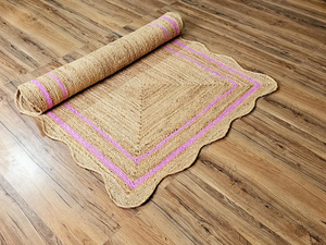 Handwoven Jute Area Rug With Pink Border Scalloped Edge Natural Fiber Floor Rug Home Decor Rug - Product Image 6