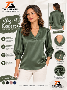 เสื้อเชิ้ตผ้าซาตินคอวีแขนพองทรงหลวมสไตล์ลำลองสำหรับผู้หญิง เหมาะสำหรับใส่ทำงานหรือใส่ลำลอง - Product Image 4