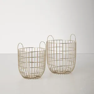 Panier de rangement moderne en fil métallique doré, lot de 2 grands paniers sur pied pour couvertures et jouets, organiseur de salon - Product Image 1
