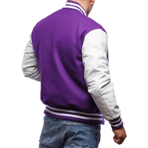 Veste universitaire pour homme de couleur violette avec manches blanches, logo brodé Stay Rad sur la poitrine, coupe classique, idéale pour l'automne - Product Image 3