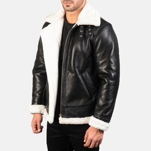 Men's Black Leather Bomber Jacket with Sheep Fur Lining Windproof Winter Moto Style Zipper Closure Regular Fit OEM customized - Product Image 4