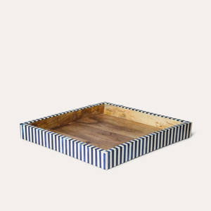 Plateau en bois rectangulaire vintage fait à la main avec incrustation d'os carré plateau de service à rayures jaunes et blanches pour table de cuisine à domicile - Product Image 3